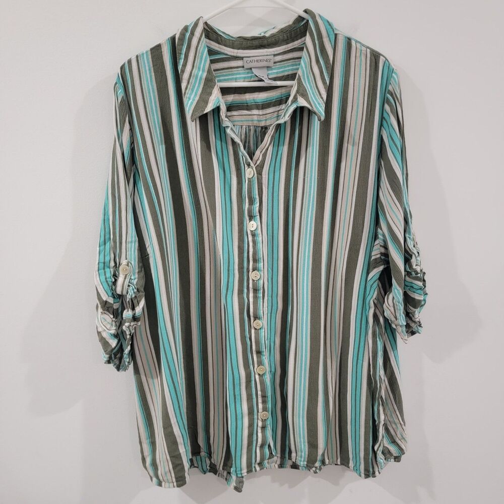 Catherines Womens Button Up Top‎ Size 3X Wp Striped Beach